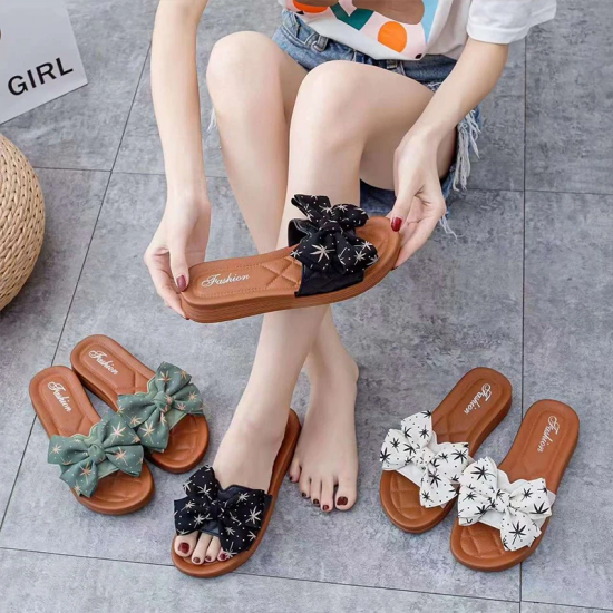 2024 Summer PVC Bow Women Sandals 3cm Thick Casual Shoes One line Elevated Flat Bottom Slippers