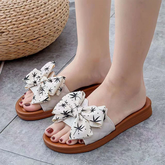 2024 Summer PVC Bow Women Sandals 3cm Thick Casual Shoes One line Elevated Flat Bottom Slippers