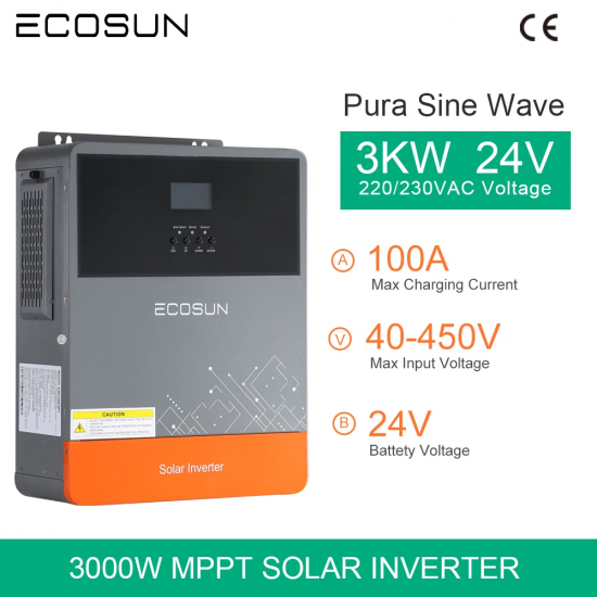 ECOSUN 3000W Hybrid Solar Inverter 24V 48V Single Phase Pure Sine Wave Inverter with 100A MPPT Solar Charge Controller